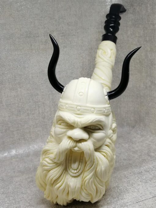 Hand Carved Horned Viking Meerschaum Pipe