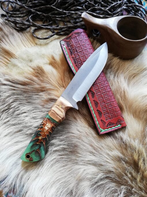 Handmade Stainless Steel 441 Knife Epoxy and Padauk Wood Handle, Natural Handmade Leather Case, Stainless steel 441
