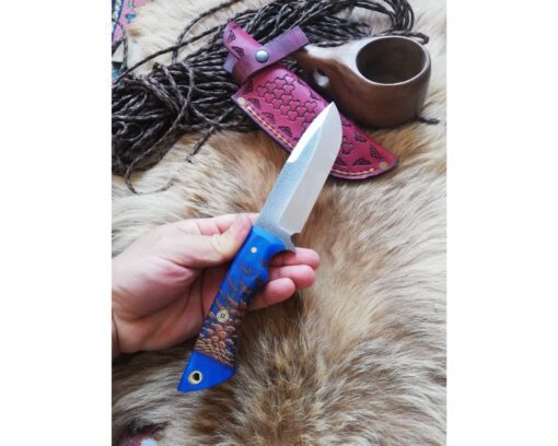 Personalized Blue Handmade Knife Epoxy and Padauk Wood Handle, Natural Handmade Leather Case, Stainless steel 4116