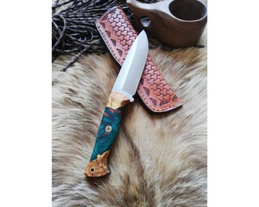 Personalized Handmade Knife Epoxy and Padauk Wood Handle, Natural Handmade Leather Case, Stainless steel 441