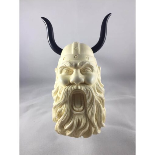 Hand Carved Horned Viking Pipe with Silver Ring, Tamper and Cigarette Holder, Viking Figure Pipe, 100% Solid Block Meerschaum Pipe